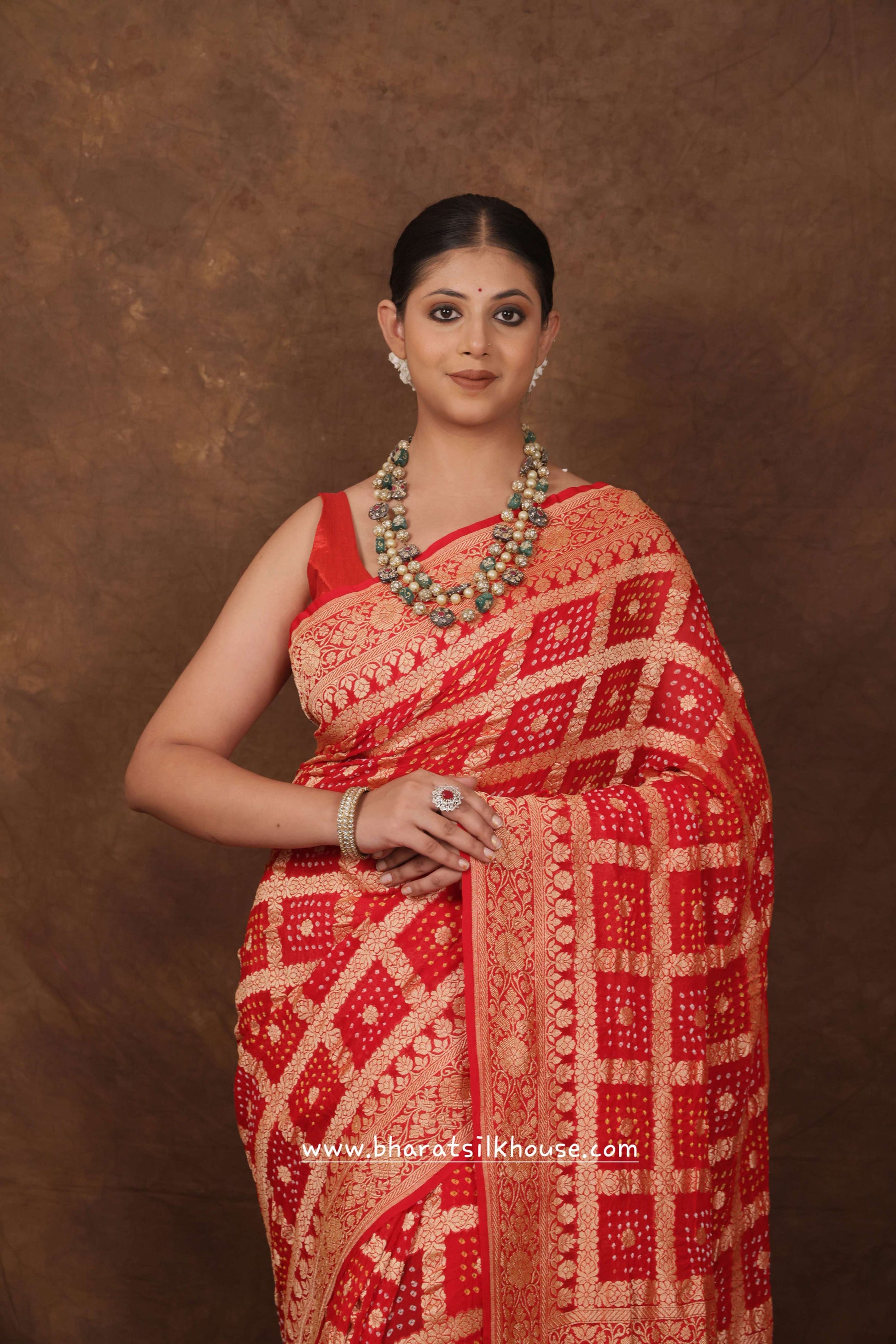 Pure Banarasi Georgette Bandhej Handloom Saree In Shades Of Red - Bharat Silk House