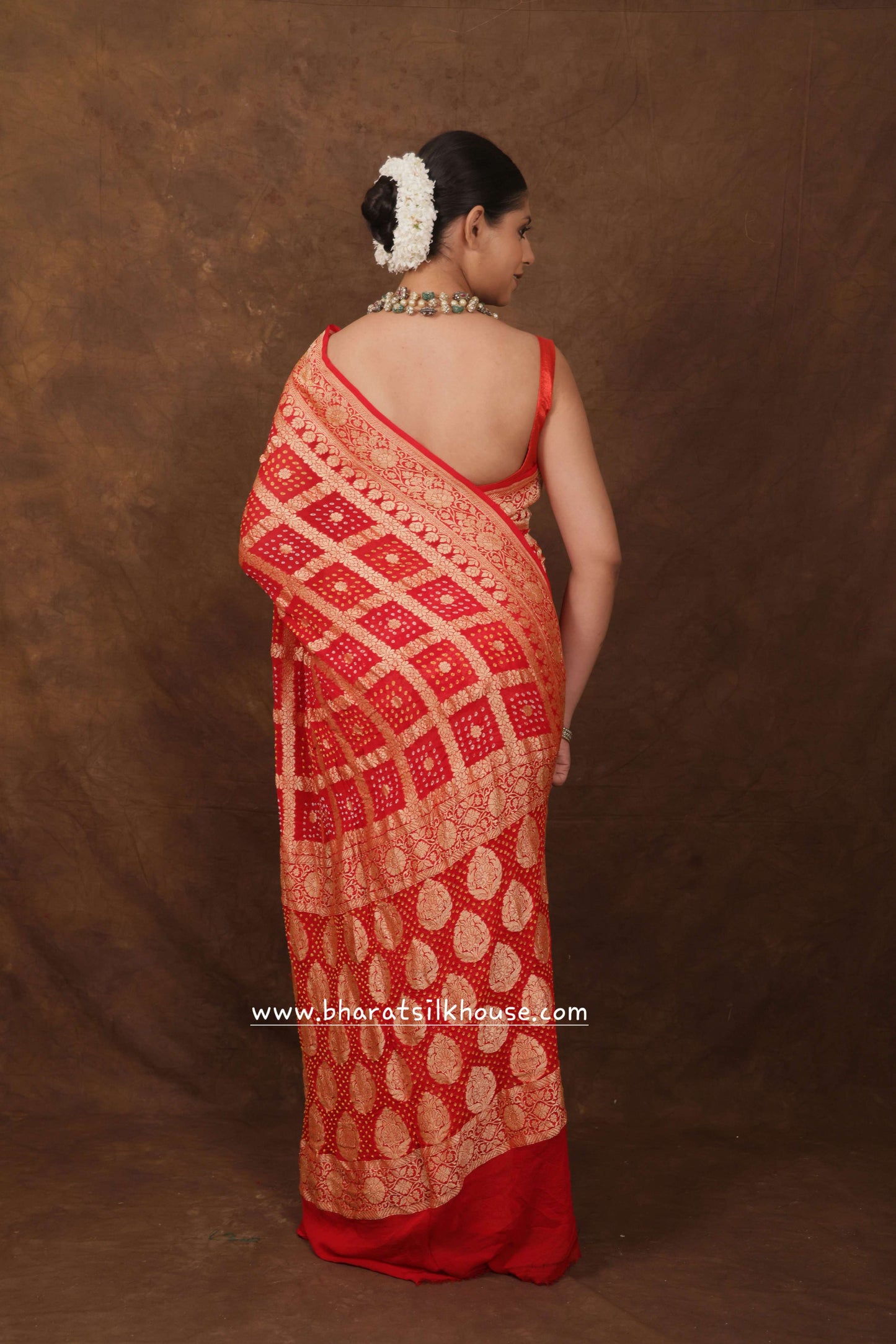 Pure Banarasi Georgette Bandhej Handloom Saree In Shades Of Red - Bharat Silk House