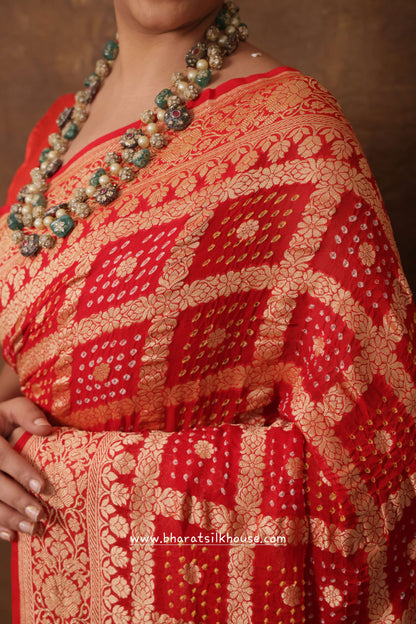 Pure Banarasi Georgette Bandhej Handloom Saree In Shades Of Red - Bharat Silk House