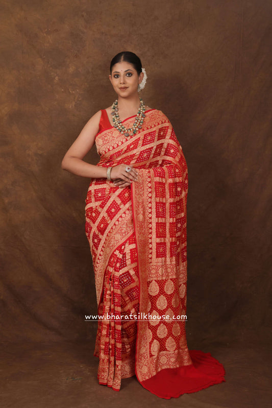 Pure Banarasi Georgette Bandhej Handloom Saree In Shades Of Red - Bharat Silk House