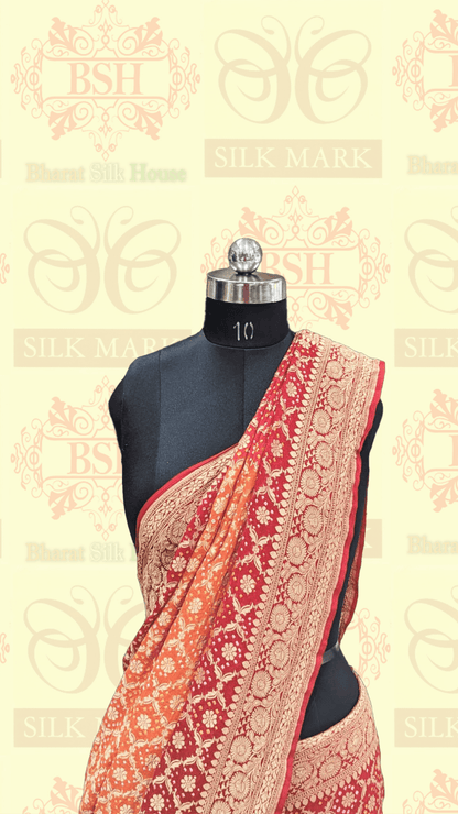 Pure Banarasi Georgette Bandhej Handloom Saree In Shades Of Red/Orange - Bharat Silk House