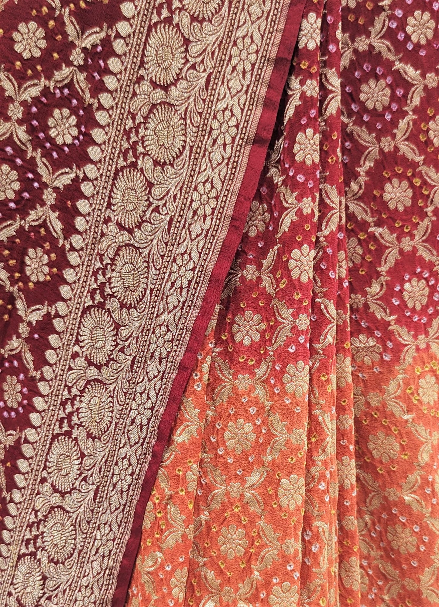 Pure Banarasi Georgette Bandhej Handloom Saree In Shades Of Red/Orange - Bharat Silk House