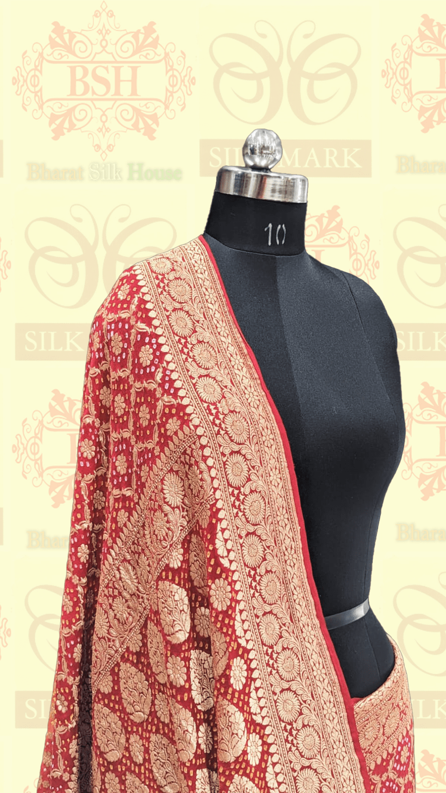 Pure Banarasi Georgette Bandhej Handloom Saree In Shades Of Red/Orange - Bharat Silk House