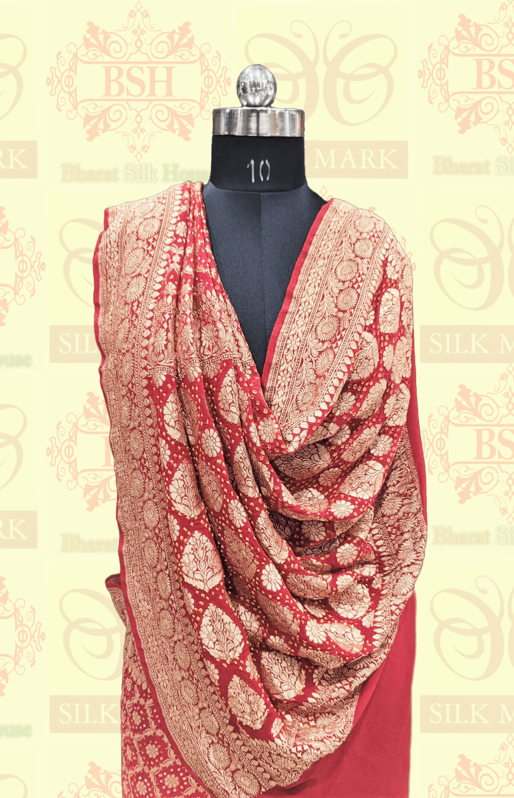 Pure Banarasi Georgette Bandhej Handloom Saree In Shades Of Red/Orange - Bharat Silk House