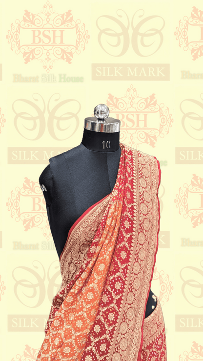 Pure Banarasi Georgette Bandhej Handloom Saree In Shades Of Red/Orange - Bharat Silk House