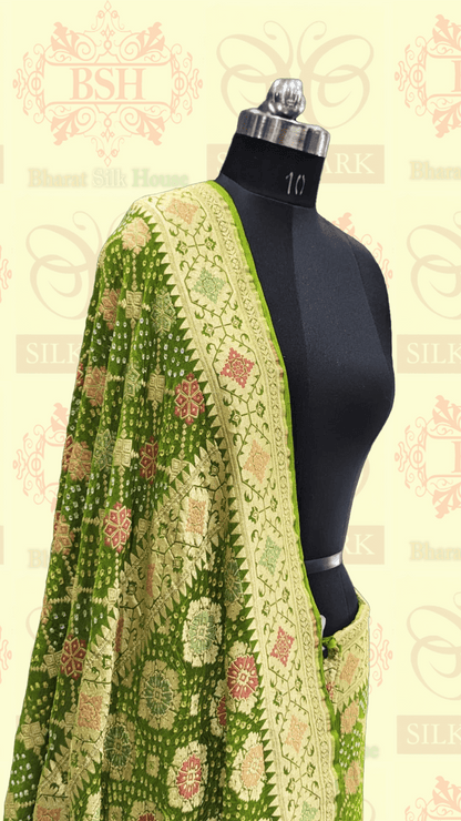 Pure Banarasi Georgette Bandhej Meenakari Handloom Saree In Shades Of Green - Bharat Silk House