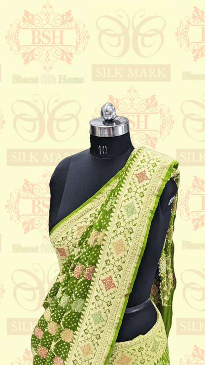 Pure Banarasi Georgette Bandhej Meenakari Handloom Saree In Shades Of Green - Bharat Silk House