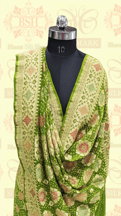 Pure Banarasi Georgette Bandhej Meenakari Handloom Saree In Shades Of Green - Bharat Silk House