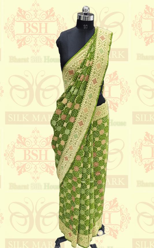 Pure Banarasi Georgette Bandhej Meenakari Handloom Saree In Shades Of Green - Bharat Silk House