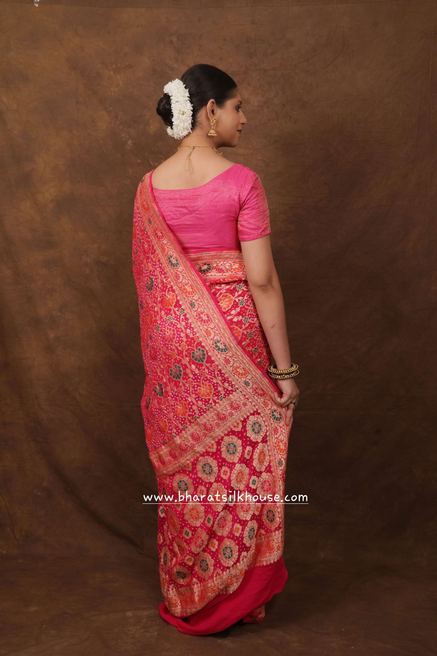 Pure Banarasi Georgette Bandhej Meenakari Handloom Saree In Shades Of Pink - Bharat Silk House