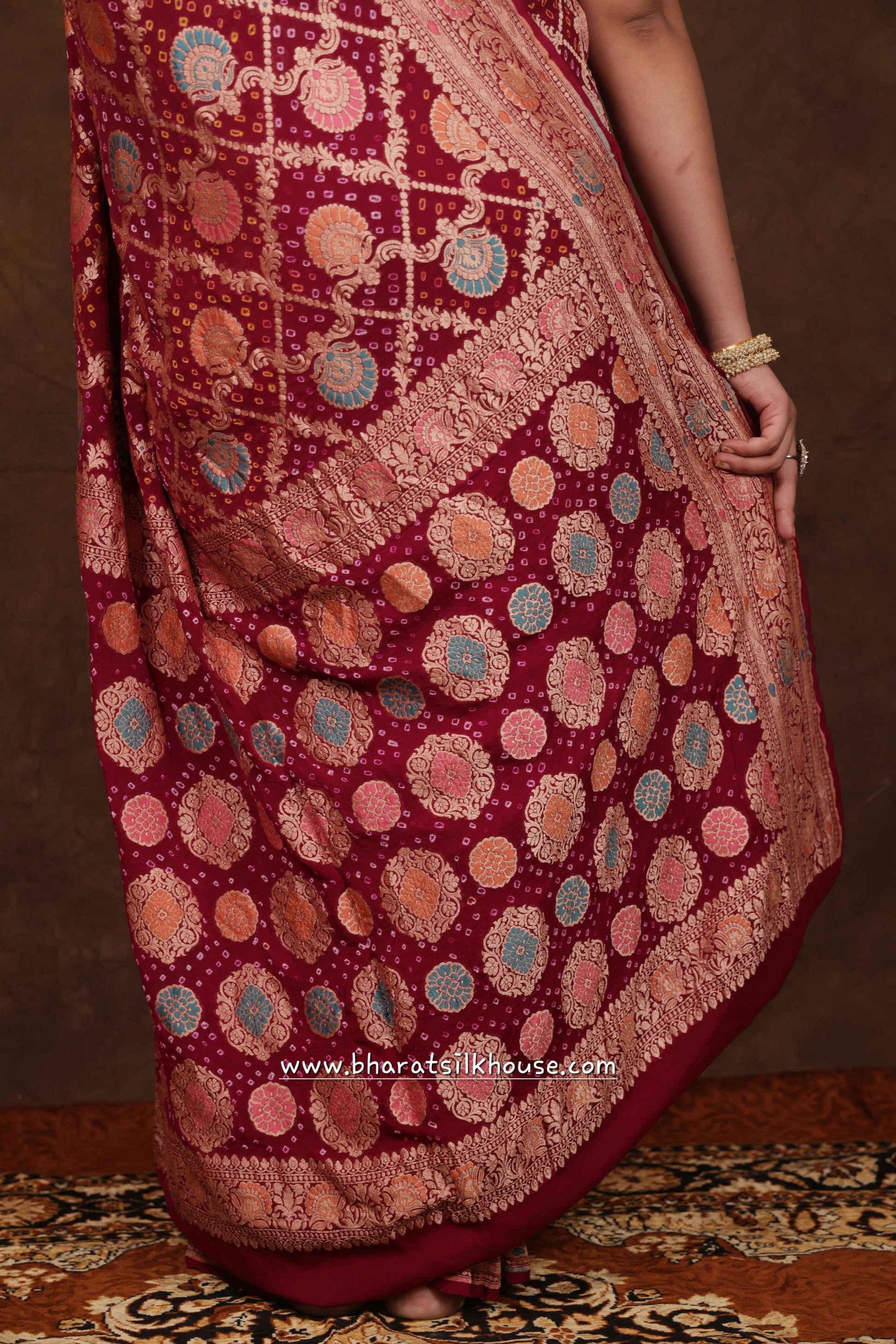 Pure Banarasi Georgette Bandhej Meenakari Handloom Saree In Shades Of Pink - Bharat Silk House