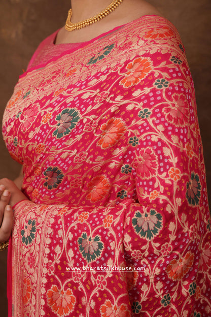 Pure Banarasi Georgette Bandhej Meenakari Handloom Saree In Shades Of Pink - Bharat Silk House