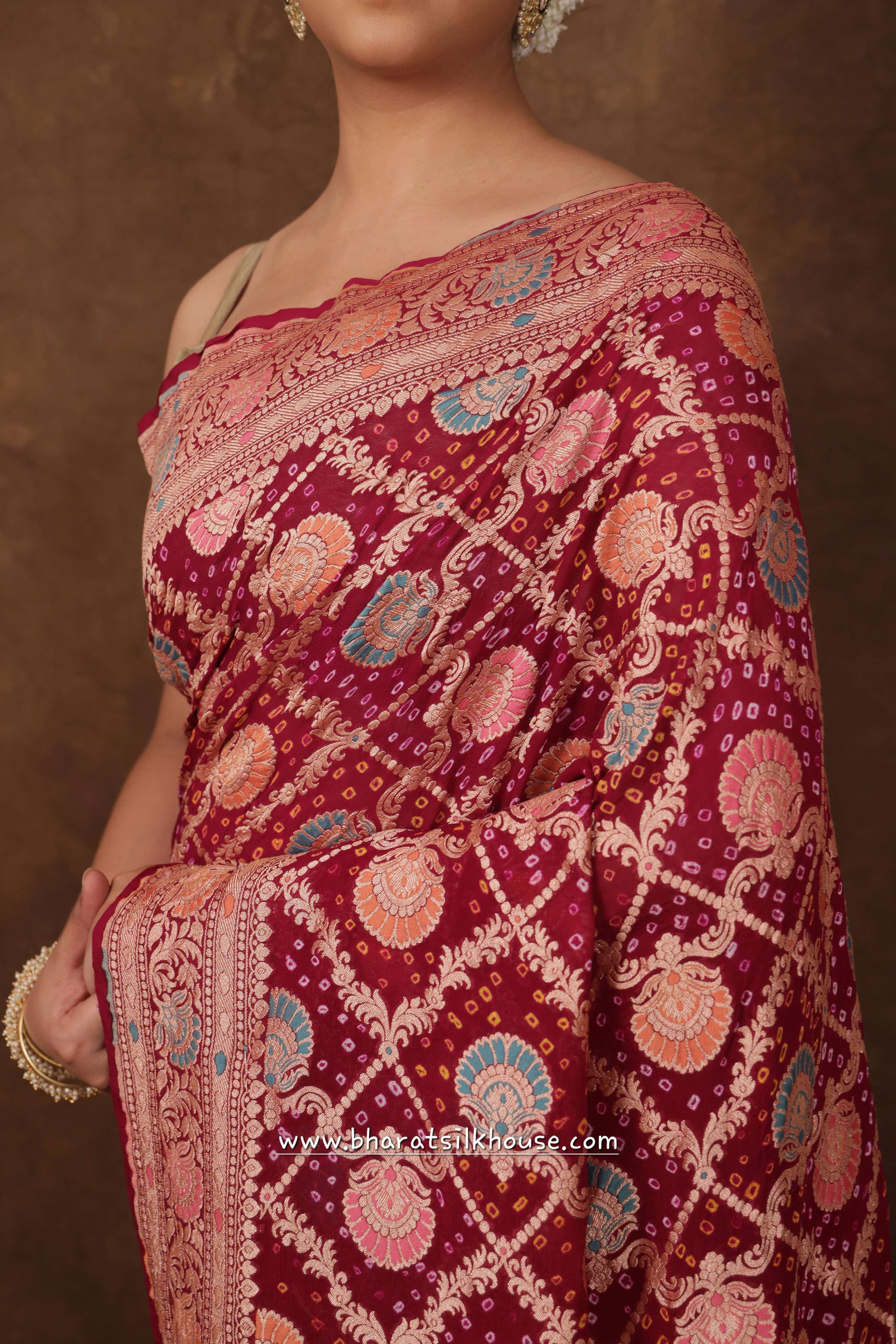 Pure Banarasi Georgette Bandhej Meenakari Handloom Saree In Shades Of Pink - Bharat Silk House