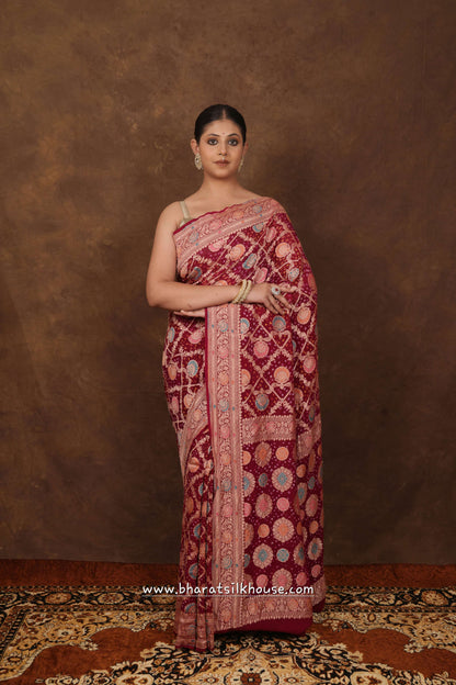 Pure Banarasi Georgette Bandhej Meenakari Handloom Saree In Shades Of Pink - Bharat Silk House