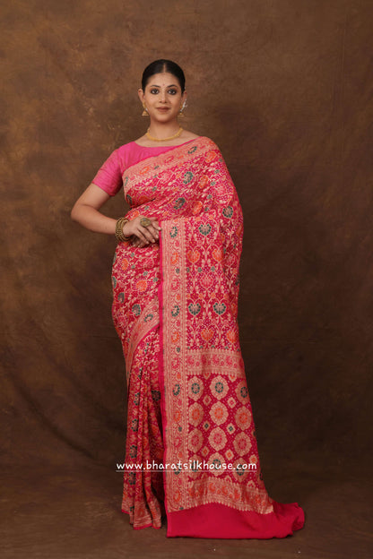 Pure Banarasi Georgette Bandhej Meenakari Handloom Saree In Shades Of Pink - Bharat Silk House