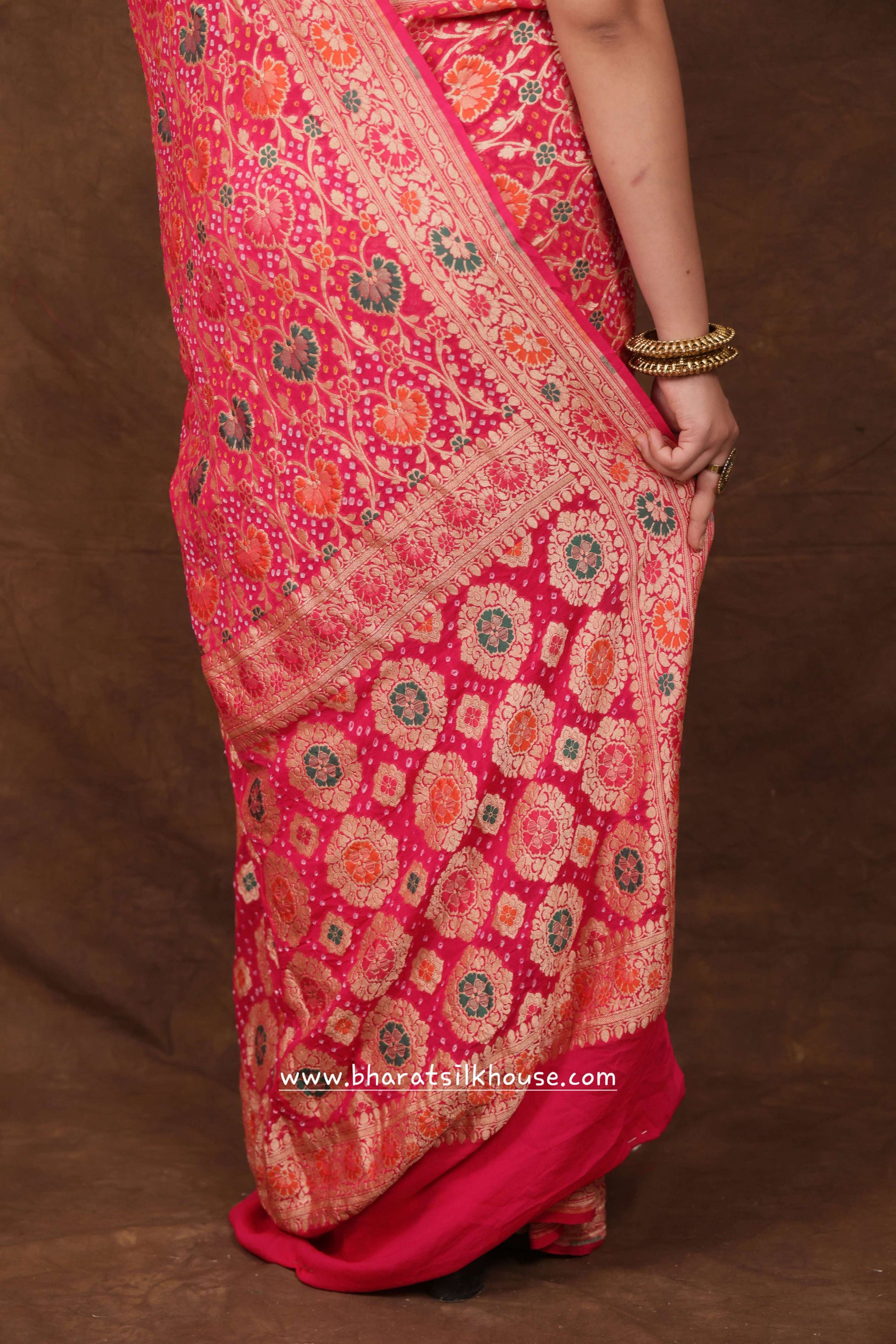 Pure Banarasi Georgette Bandhej Meenakari Handloom Saree In Shades Of Pink - Bharat Silk House