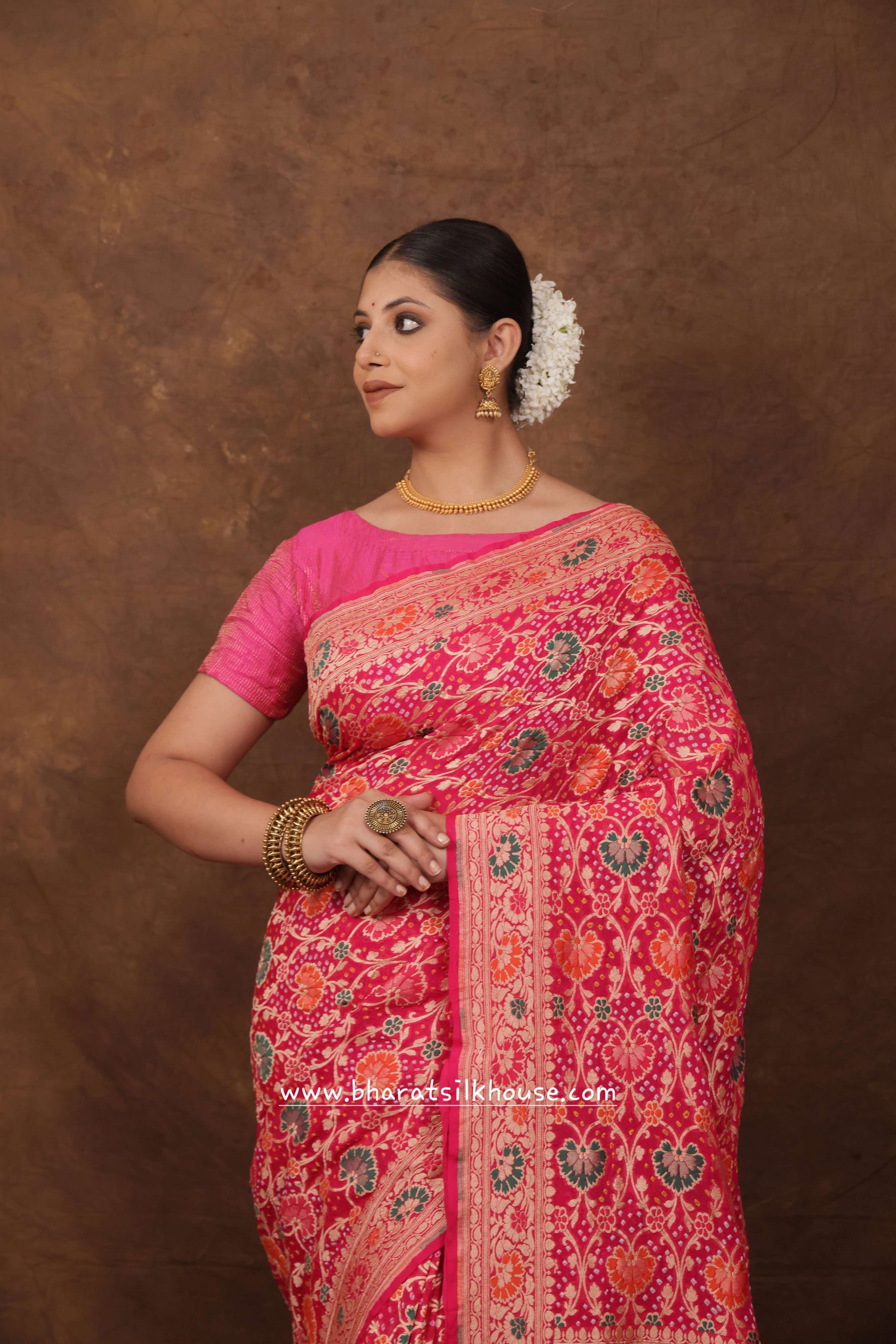 Pure Banarasi Georgette Bandhej Meenakari Handloom Saree In Shades Of Pink - Bharat Silk House