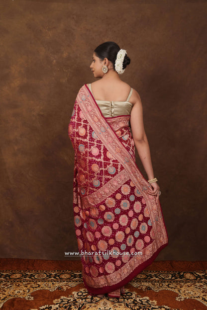 Pure Banarasi Georgette Bandhej Meenakari Handloom Saree In Shades Of Pink - Bharat Silk House