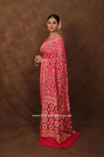 Pure Banarasi Georgette Bandhej Meenakari Handloom Saree In Shades Of Pink - Bharat Silk House