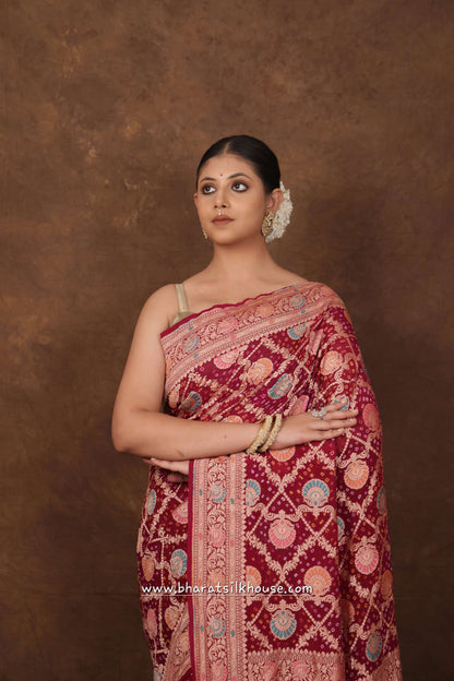 Pure Banarasi Georgette Bandhej Meenakari Handloom Saree In Shades Of Pink - Bharat Silk House