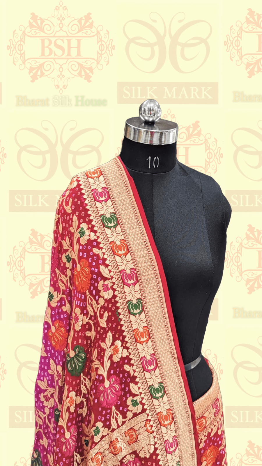 Pure Banarasi Georgette Bandhej Meenakari Handloom Saree In Shades Of Pink/Red - Bharat Silk House