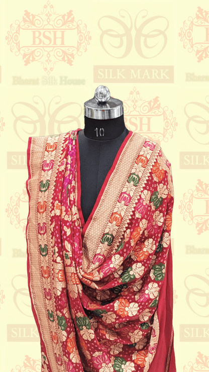 Pure Banarasi Georgette Bandhej Meenakari Handloom Saree In Shades Of Pink/Red - Bharat Silk House