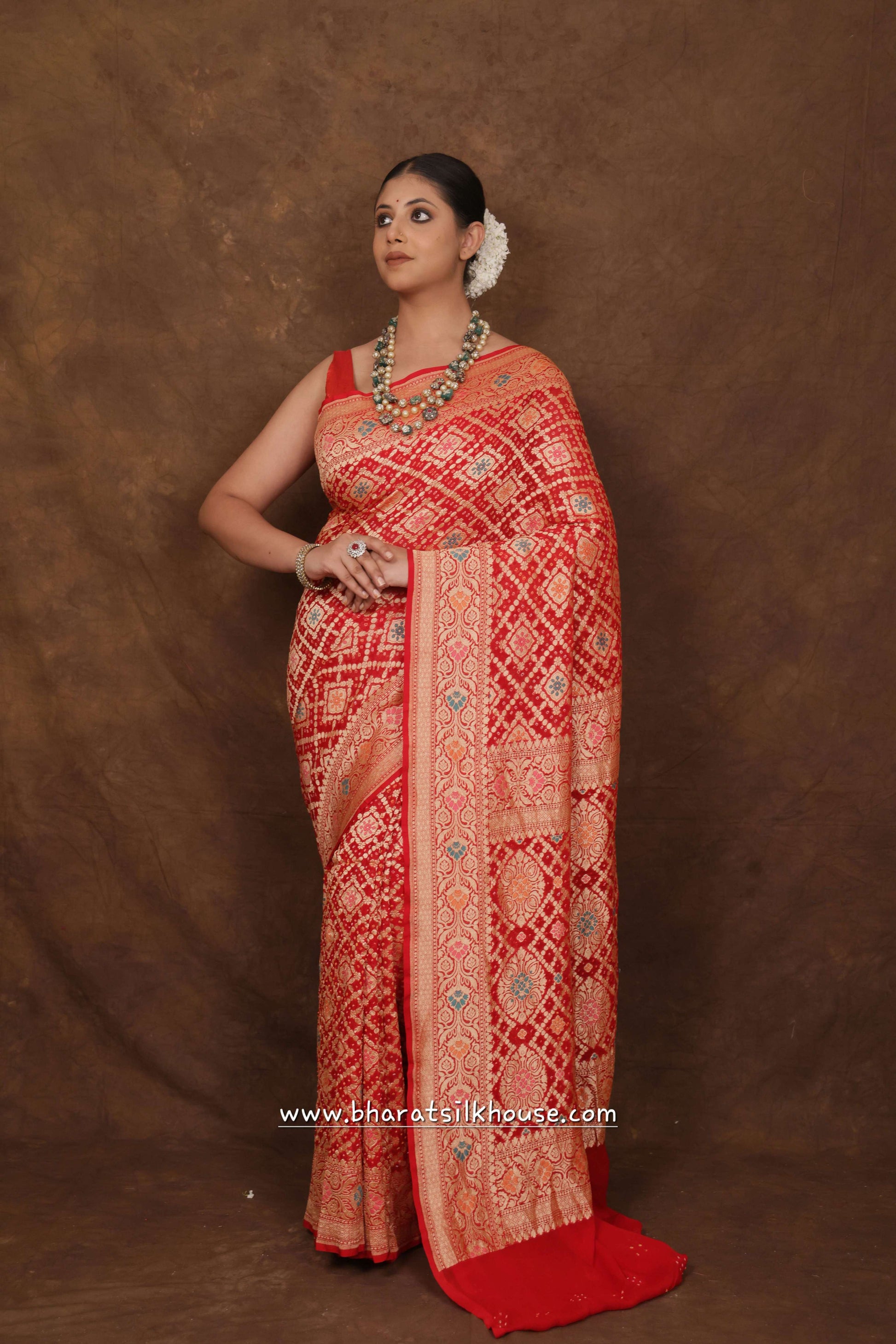 Pure Banarasi Georgette Bandhej Meenakari Handloom Saree In Shades Of Red - Bharat Silk House