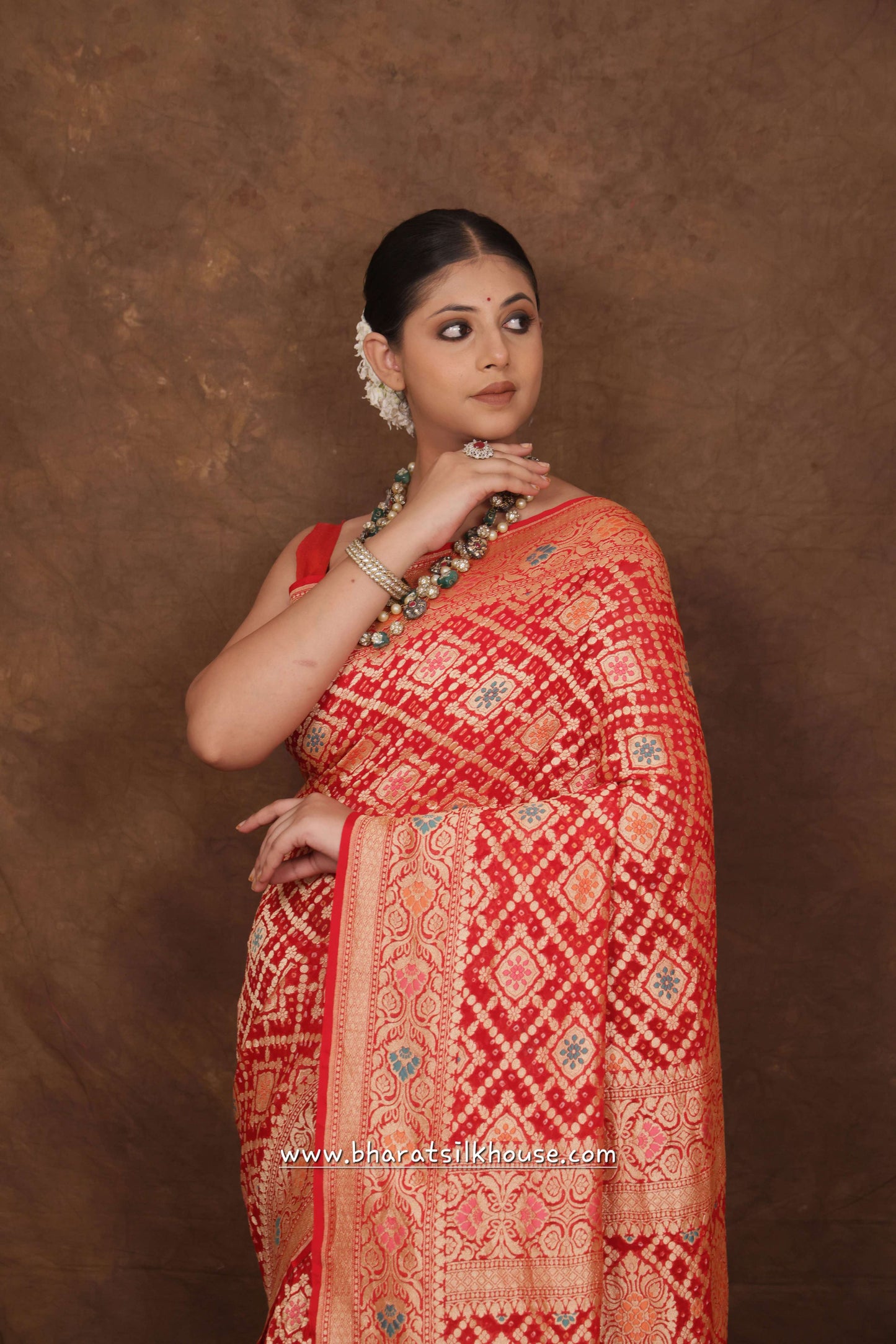 Pure Banarasi Georgette Bandhej Meenakari Handloom Saree In Shades Of Red - Bharat Silk House