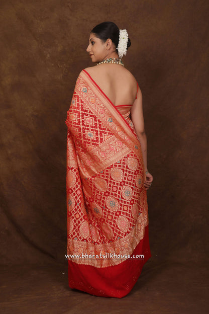 Pure Banarasi Georgette Bandhej Meenakari Handloom Saree In Shades Of Red - Bharat Silk House