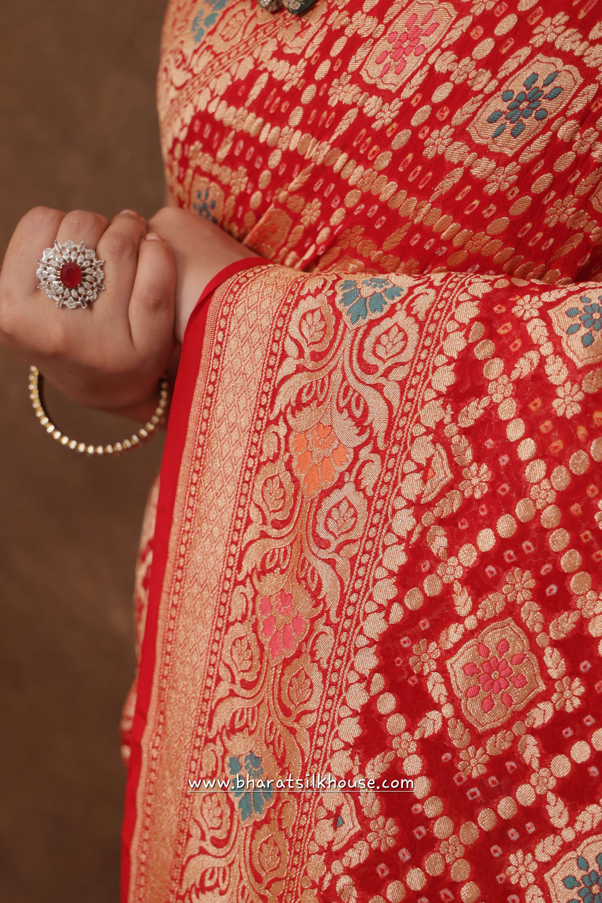 Pure Banarasi Georgette Bandhej Meenakari Handloom Saree In Shades Of Red - Bharat Silk House