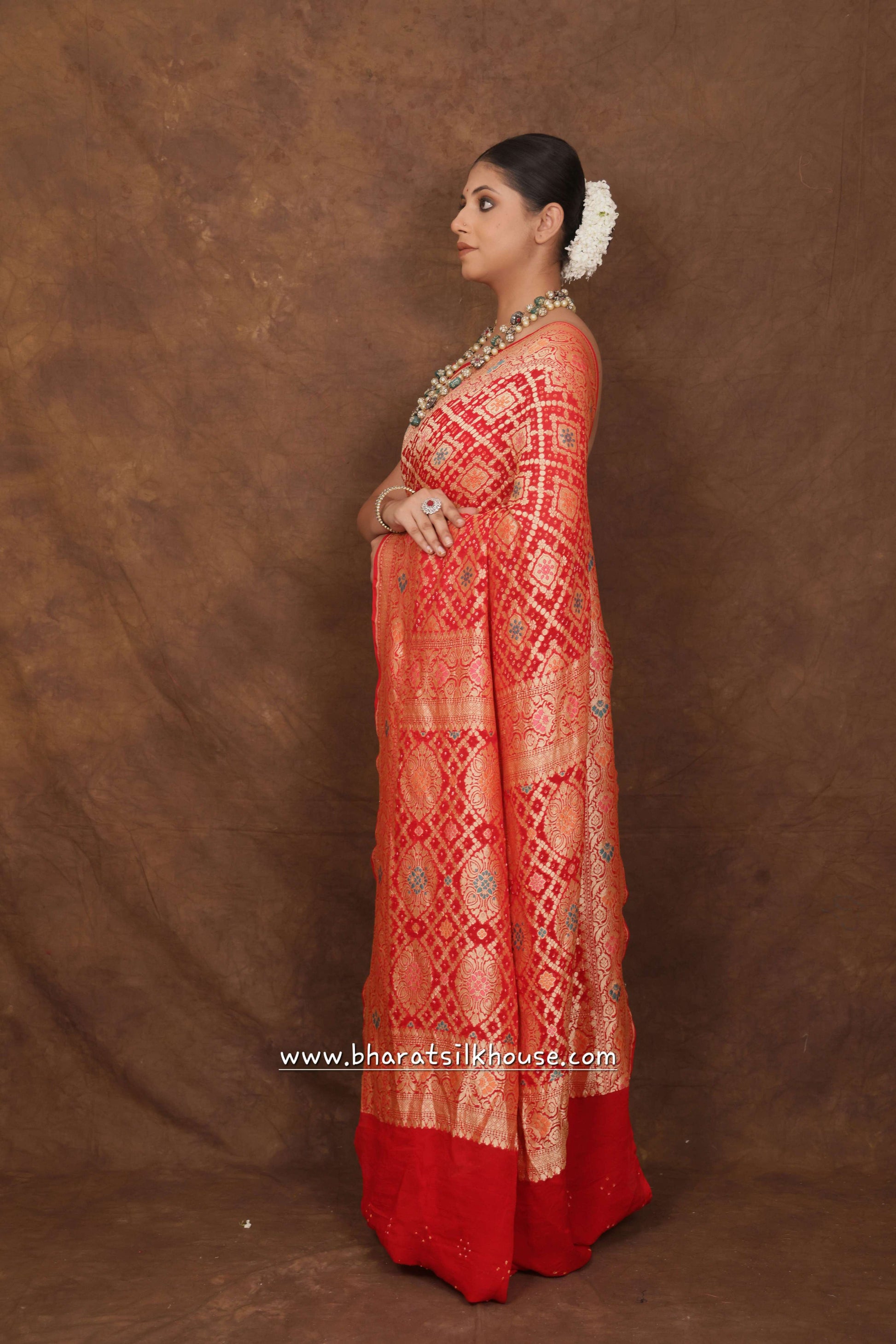 Pure Banarasi Georgette Bandhej Meenakari Handloom Saree In Shades Of Red - Bharat Silk House