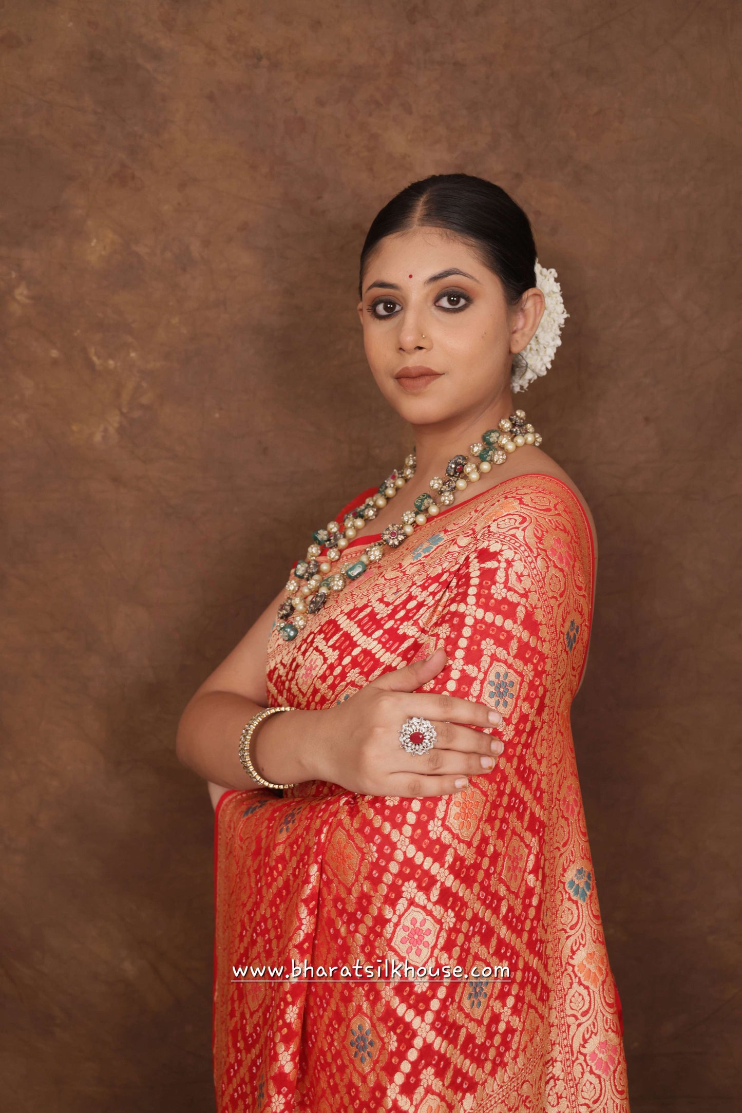 Pure Banarasi Georgette Bandhej Meenakari Handloom Saree In Shades Of Red - Bharat Silk House