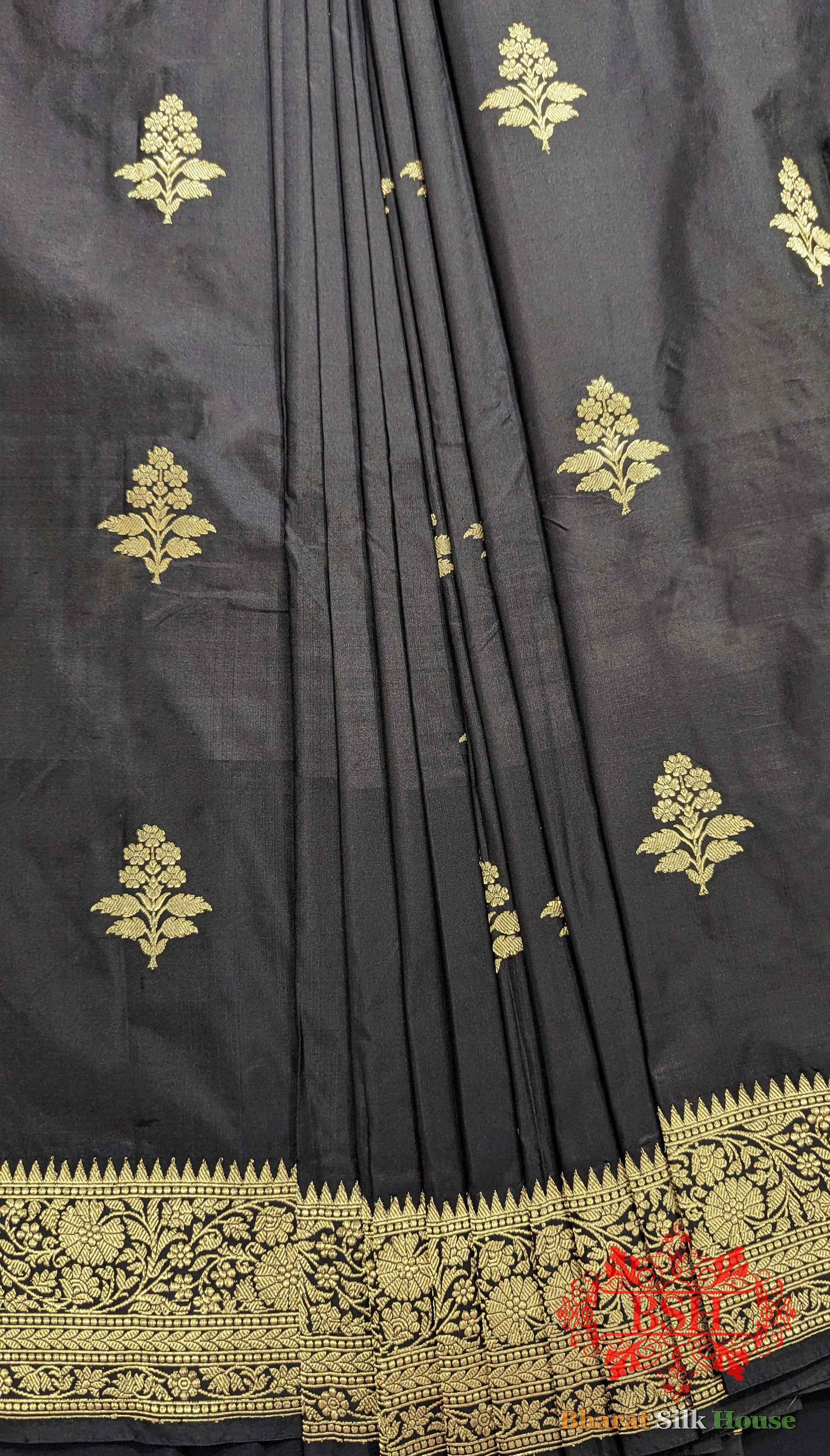 Pure Banarasi Handloom Katan Silk Antique Zari Saree In Shades Of Black - Bharat Silk House