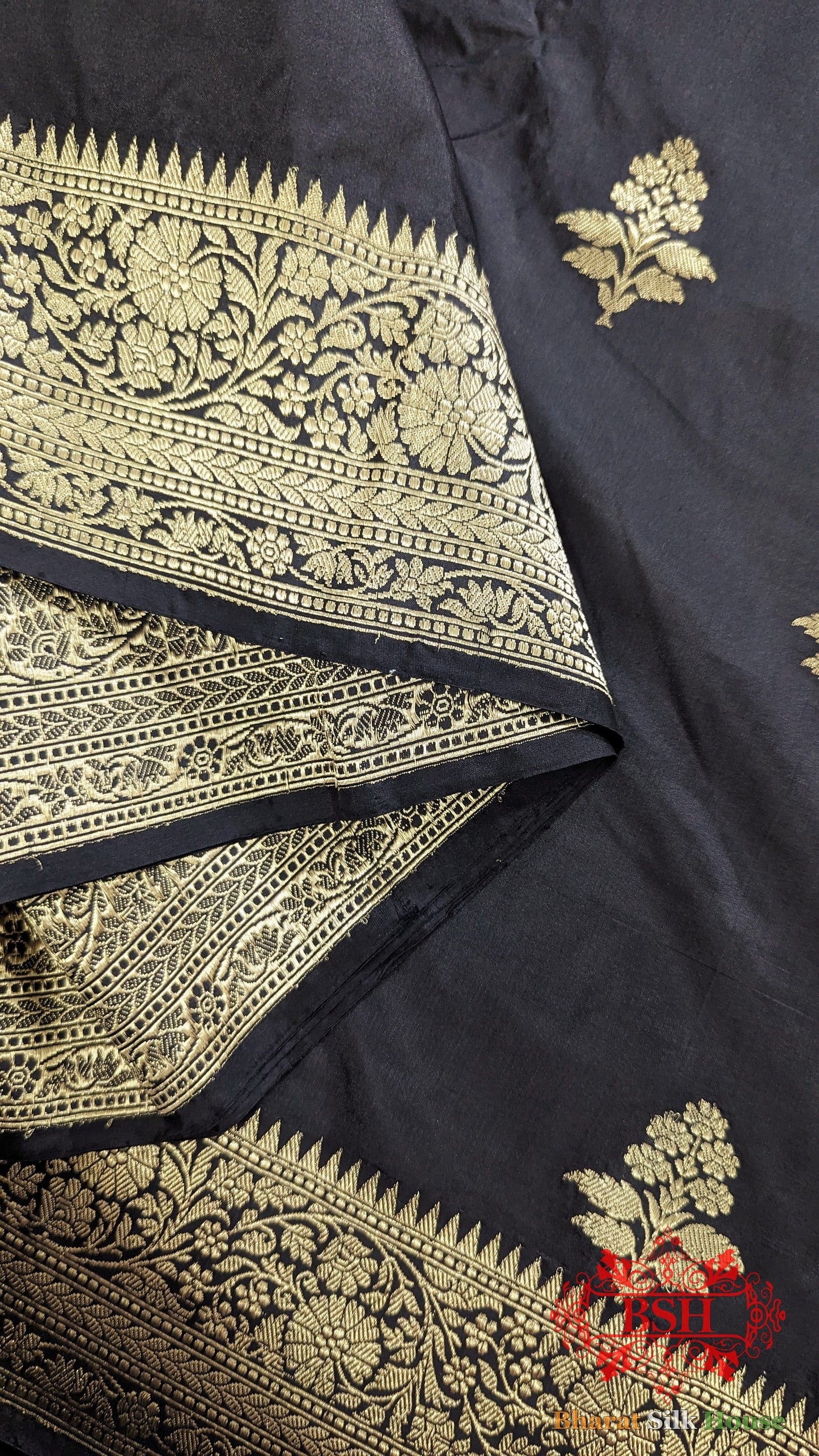 Pure Banarasi Handloom Katan Silk Antique Zari Saree In Shades Of Black - Bharat Silk House