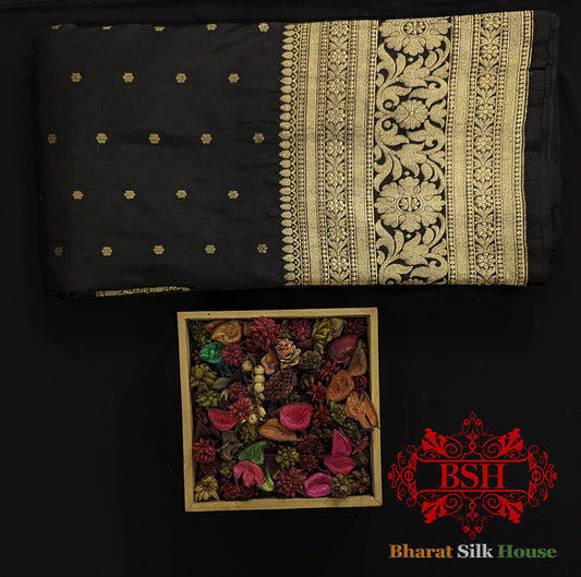 Pure Banarasi Handloom Katan Silk Antique Zari Saree In Shades Of Black - Bharat Silk House