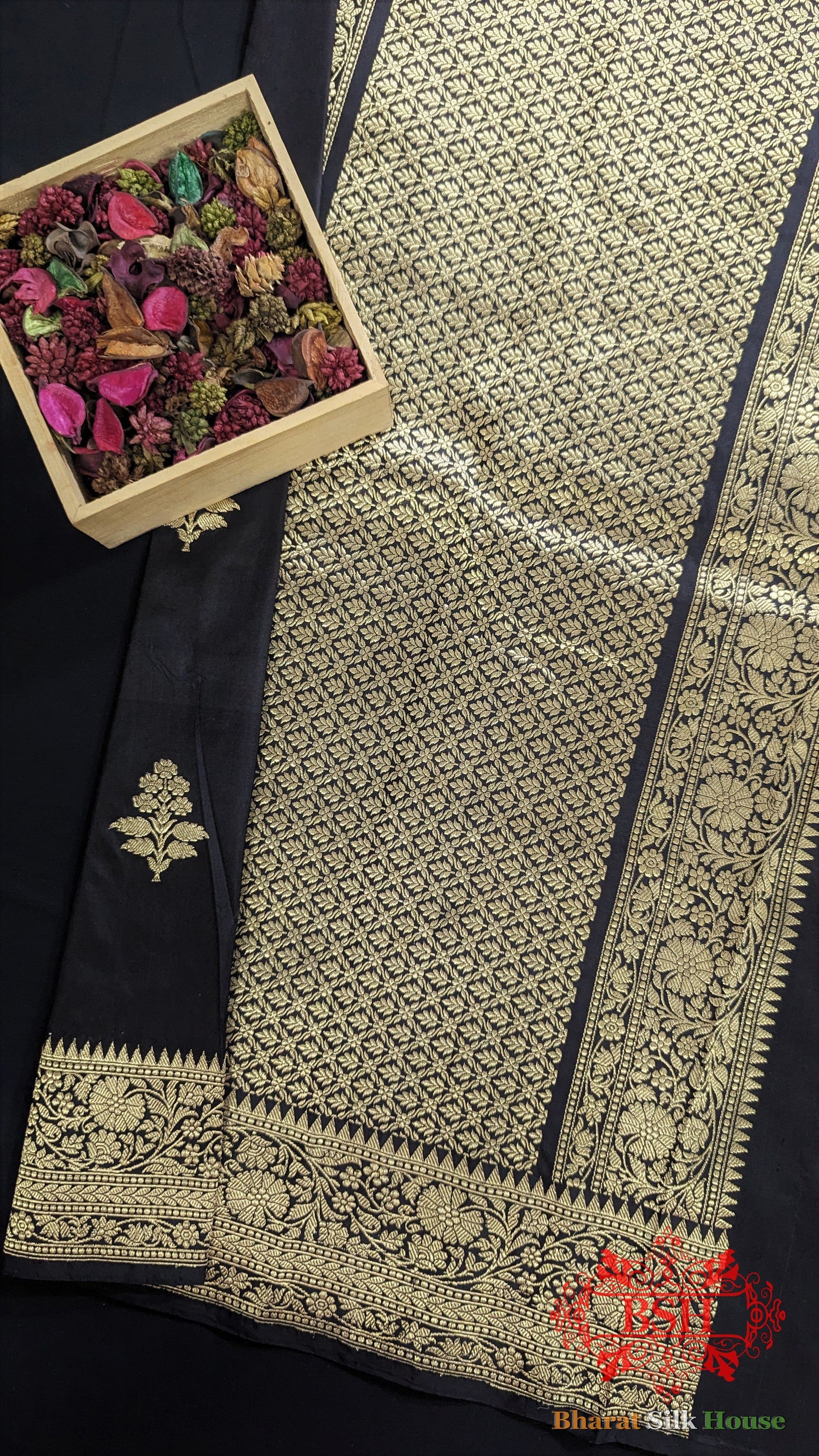 Pure Banarasi Handloom Katan Silk Antique Zari Saree In Shades Of Black - Bharat Silk House