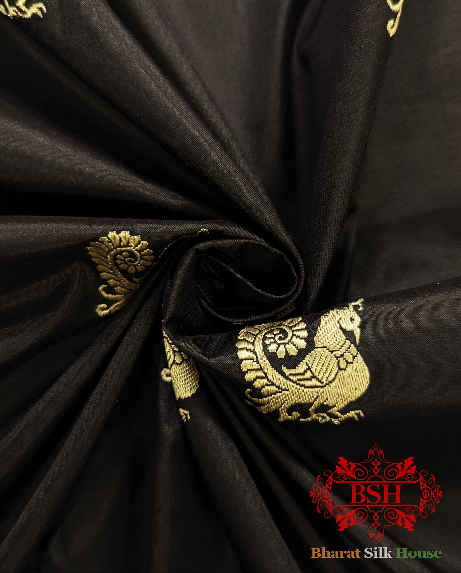 Pure Banarasi Handloom Katan Silk Antique Zari Saree In Shades Of Black With Red Border - Bharat Silk House