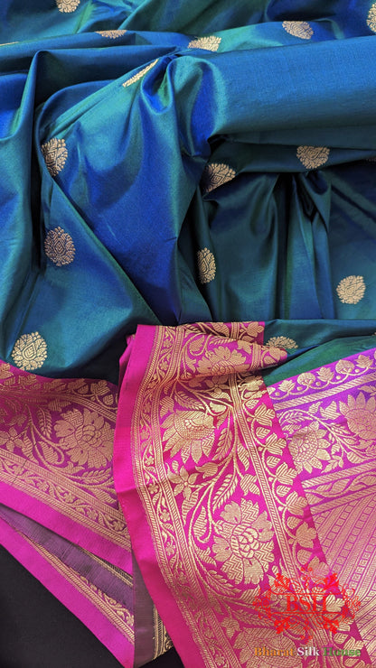 Pure Banarasi Handloom Katan Silk Antique Zari Saree In Shades Of Blue - Bharat Silk House