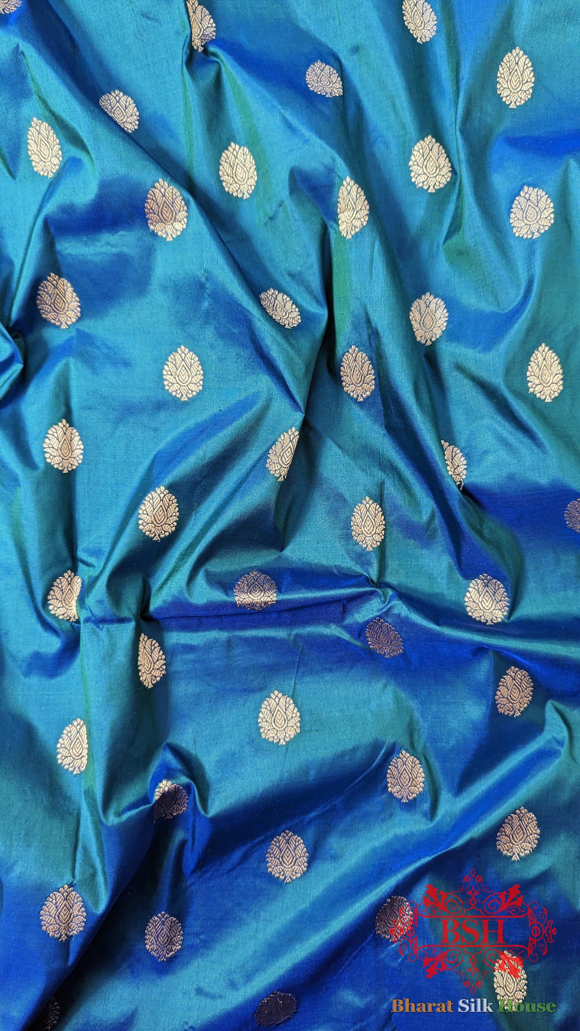 Pure Banarasi Handloom Katan Silk Antique Zari Saree In Shades Of Blue - Bharat Silk House