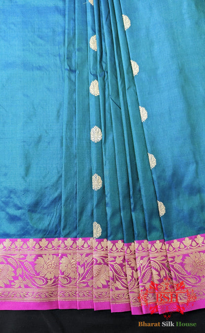 Pure Banarasi Handloom Katan Silk Antique Zari Saree In Shades Of Blue - Bharat Silk House