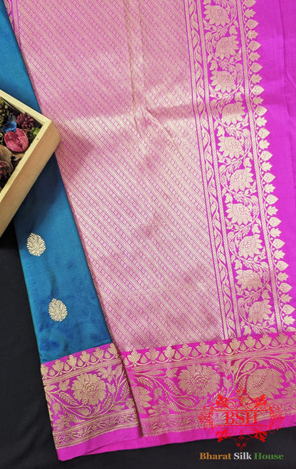 Pure Banarasi Handloom Katan Silk Antique Zari Saree In Shades Of Blue - Bharat Silk House