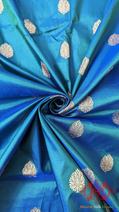 Pure Banarasi Handloom Katan Silk Antique Zari Saree In Shades Of Blue - Bharat Silk House