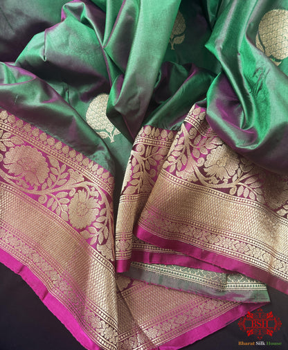 Pure Banarasi Handloom Katan Silk Antique Zari Saree In Shades Of Cross Color - Bharat Silk House