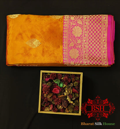 Pure Banarasi Handloom Katan Silk Antique Zari Saree In Shades Of Cross Colour - Bharat Silk House