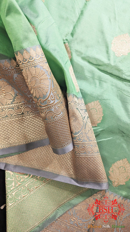 Pure Banarasi Handloom Katan Silk Antique Zari Saree In Shades Of Green - Bharat Silk House