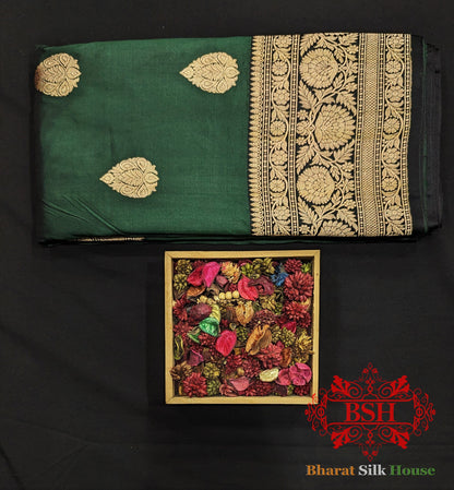 Pure Banarasi Handloom Katan Silk Antique Zari Saree In Shades Of Green - Bharat Silk House