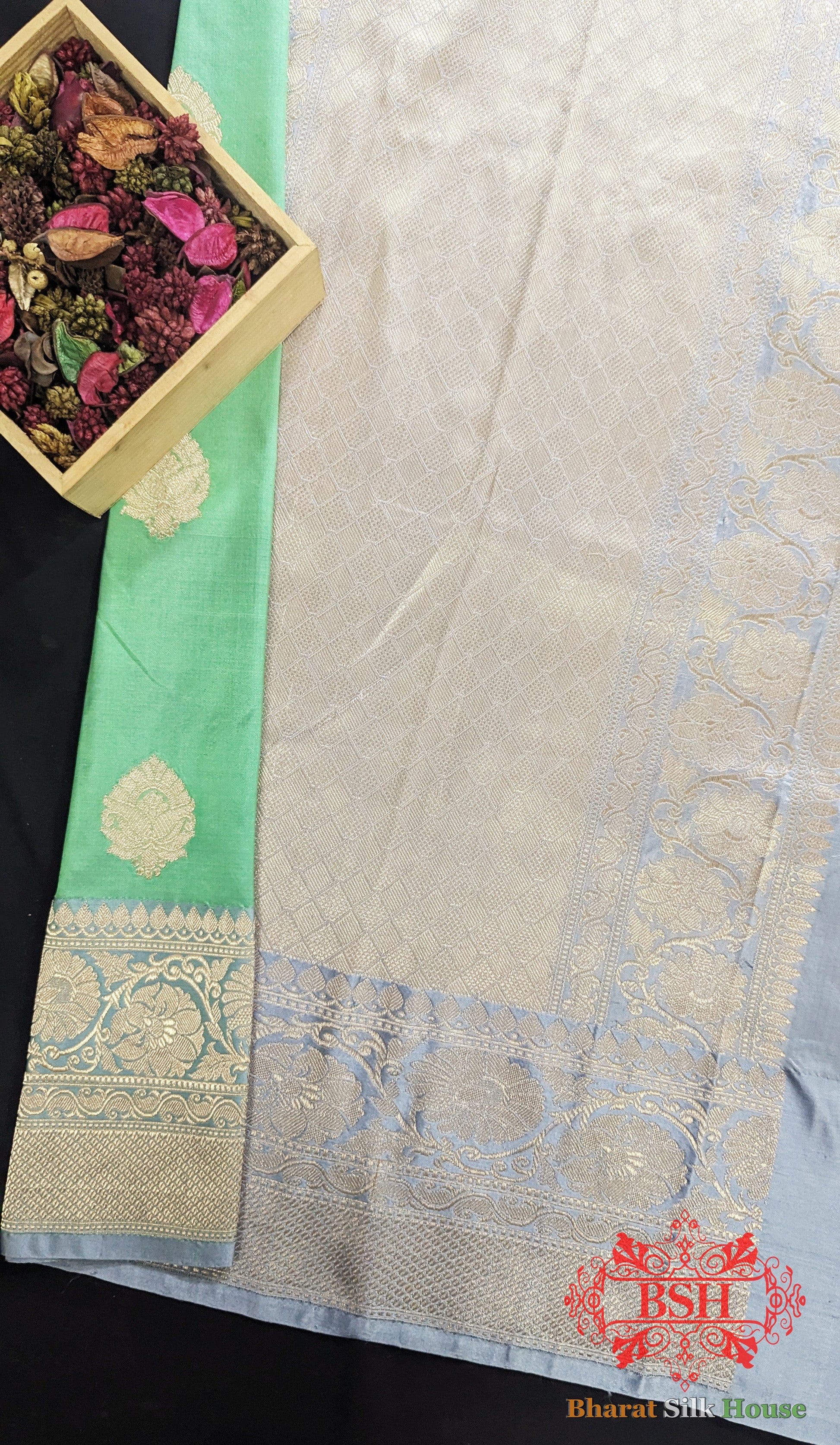 Pure Banarasi Handloom Katan Silk Antique Zari Saree In Shades Of Green - Bharat Silk House