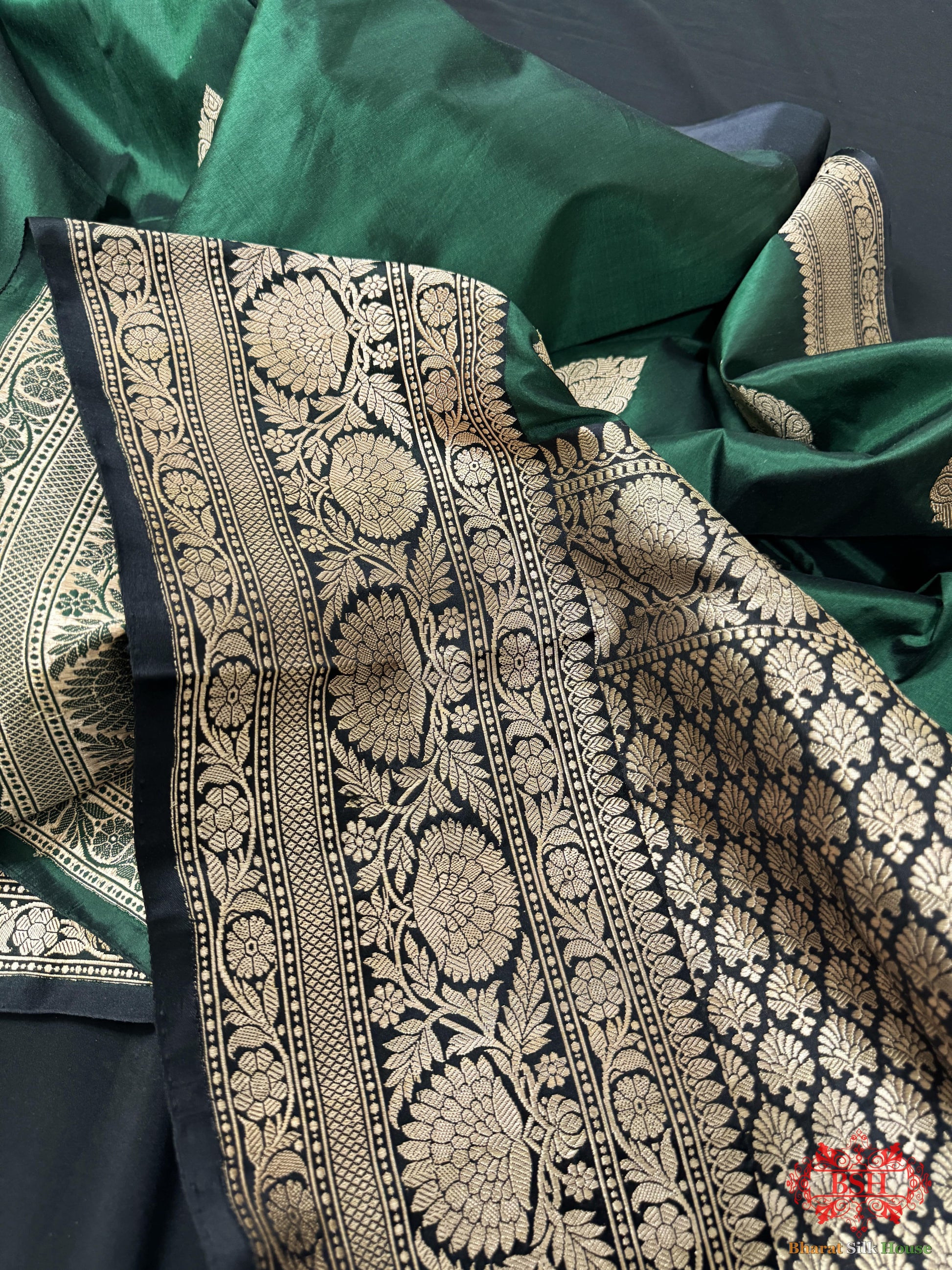 Pure Banarasi Handloom Katan Silk Antique Zari Saree In Shades Of Green - Bharat Silk House