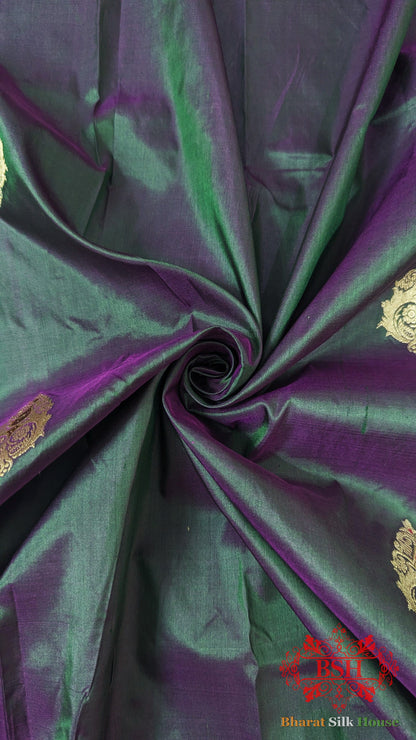 Pure Banarasi Handloom Katan Silk Antique Zari Saree In Shades Of Green/Pink Cross Color - Bharat Silk House