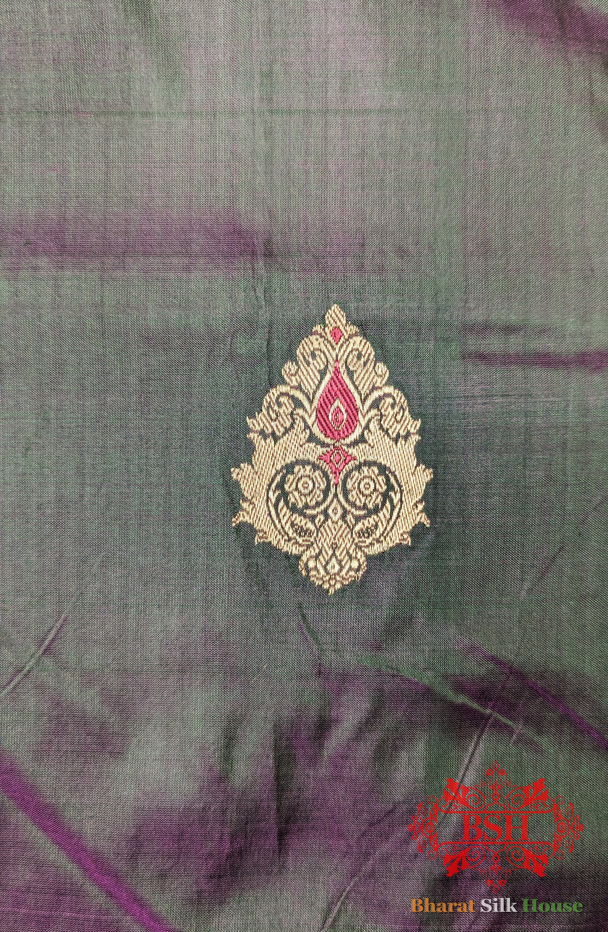 Pure Banarasi Handloom Katan Silk Antique Zari Saree In Shades Of Green/Pink Cross Color - Bharat Silk House